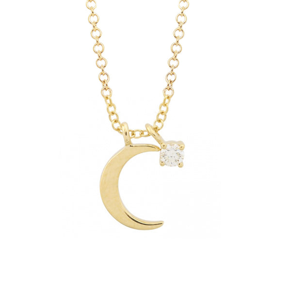 14K PLAIN CRESCENT MOON AND DIAMOND CHARM NECKLACE