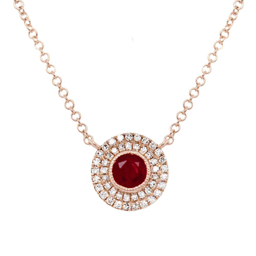 14K ROUND RUBY WITH DOUBLE DIAMOND PAVE HALO NECKLACE