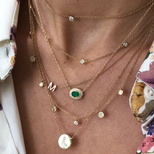 14K OVAL EMERALD WITH DOUBLE DIAMOND PAVE HALO NECKLACE