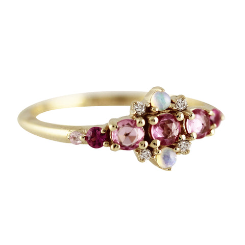 14K OVAL MOONSTONE WITH ROSE CUT PINK SAPPHIRES RING